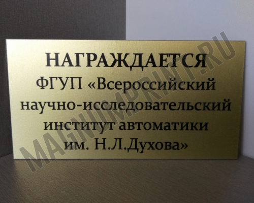 Табличка наградная золотая металлическая